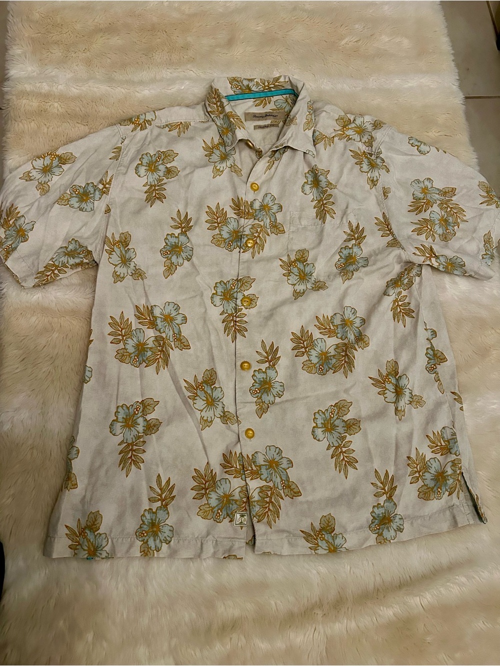 Tommy Bahama Beige Floral Short-Sleeve Button-Down 100% Silk Shirt